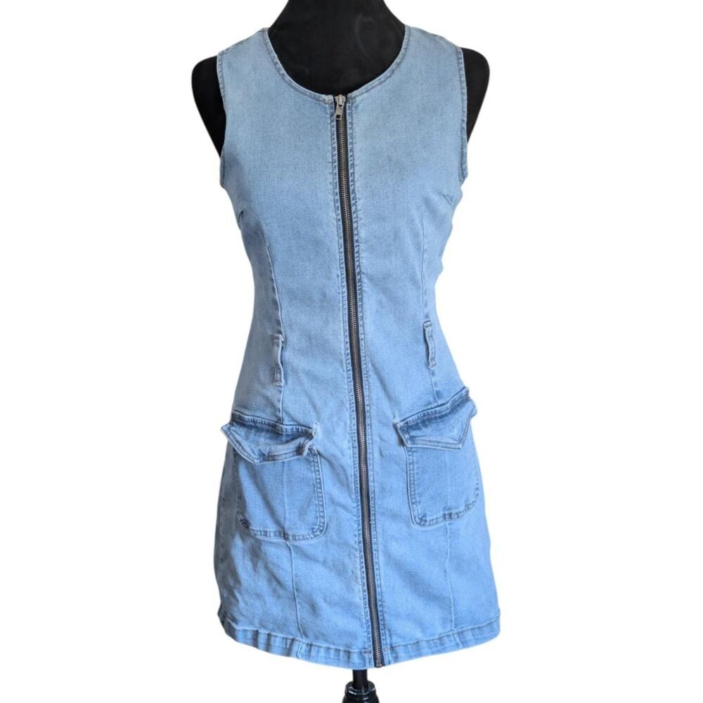 Rewash Y2K Indie Sleaze Light Wash Zip Front Denim Cargo Mini Dress, Large